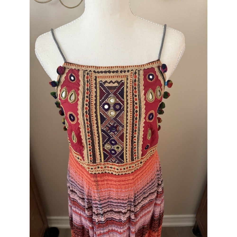 Free People Regina Midi Dress XS Boho Embroidered Mirror Pom Pom Open Back - Picture 2 of 9